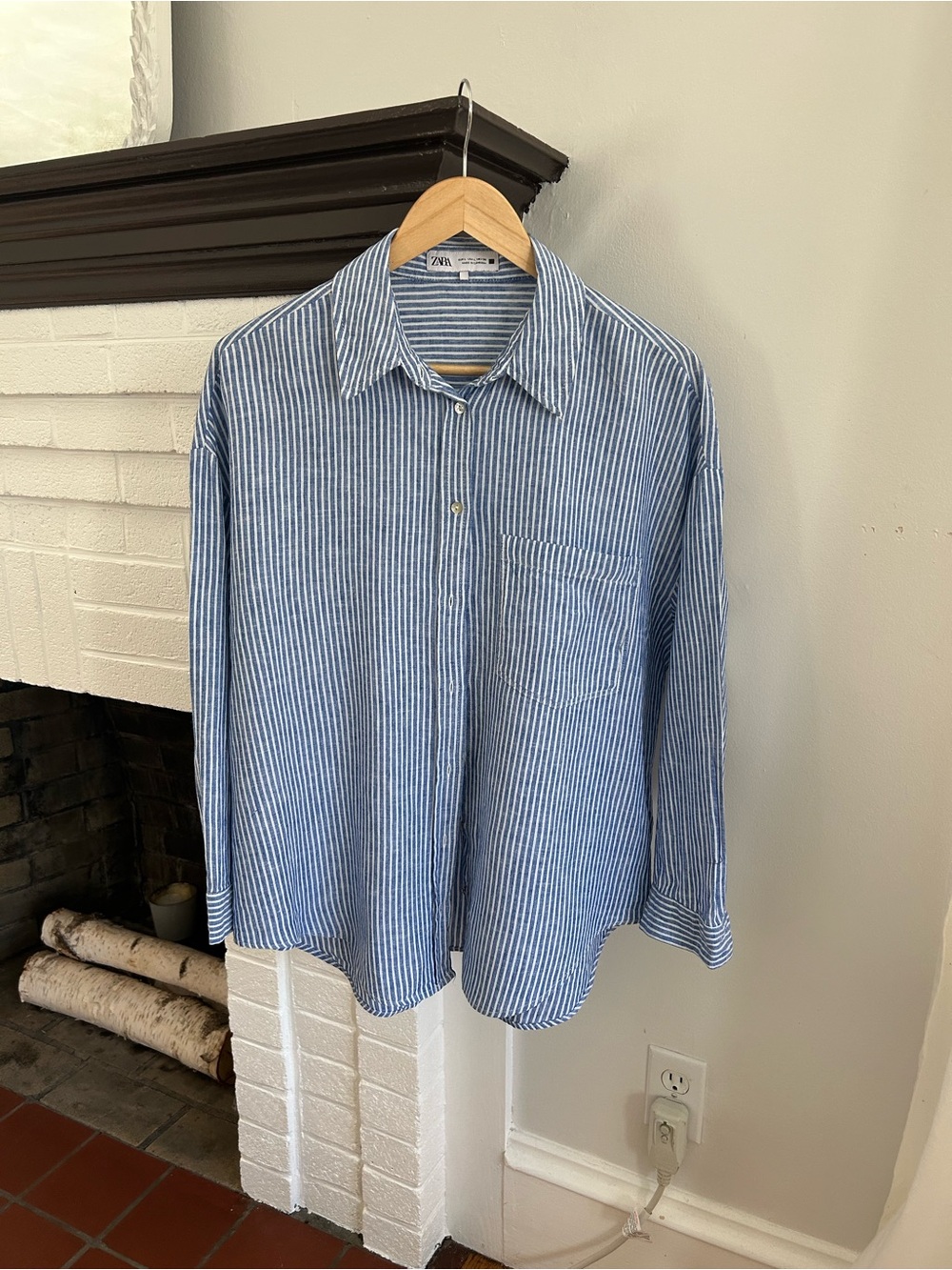 Zara Linen Blend Blue Striped Button-Up Shirt Size L